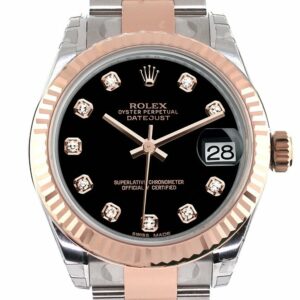 Rolex Datejust 31 Black Diamond Dial Fluted Bezel 18K Rose Gold Two Tone Ladies Watch 178271 / None