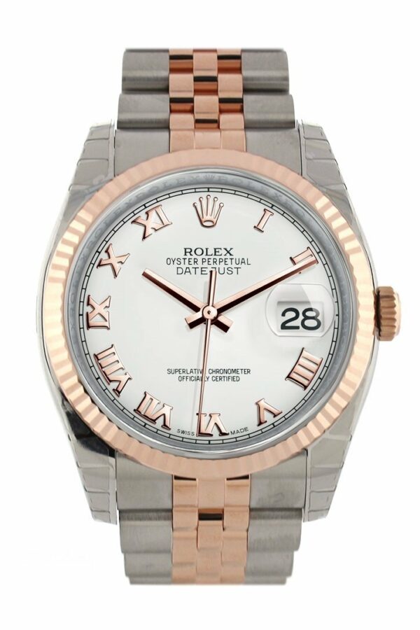 Rolex Datejust 36 White Roman Dial Fluted Steel And 18K Rose Gold Jubilee Watch 116231