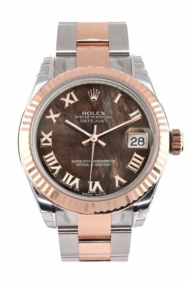 Rolex Datejust 31 Black Mother Of Pearl Roman Dial Fluted Bezel 18K Rose Gold Two Tone Ladies Watch