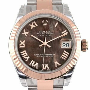 Rolex Datejust 31 Black Mother Of Pearl Roman Dial Fluted Bezel 18K Rose Gold Two Tone Ladies Watch