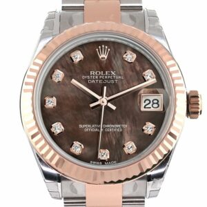 Rolex Datejust 31 Black Mother Of Pearl Diamond Dial Fluted Bezel 18K Rose Gold Two Tone Ladies