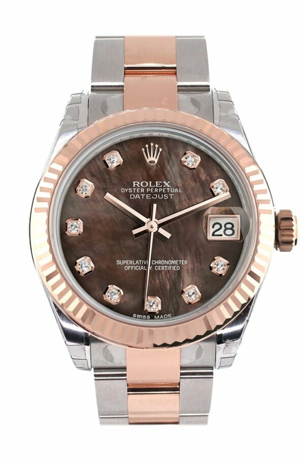 Rolex Datejust 31 Black Mother Of Pearl Diamond Dial Fluted Bezel 18K Rose Gold Two Tone Ladies