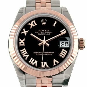 Rolex Datejust 31 Black Roman Dial Fluted Bezel 18K Rose Gold Two Tone Jubilee Ladies Watch 178271 /