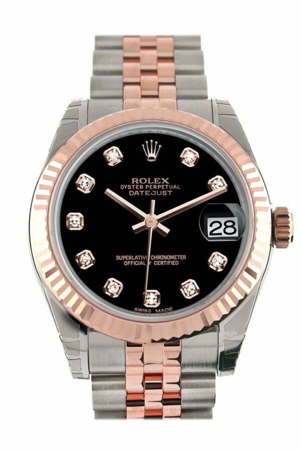 Rolex Datejust 31 Black Diamond Dial Fluted Bezel 18K Rose Gold Two Tone Jubilee Ladies Watch 178271