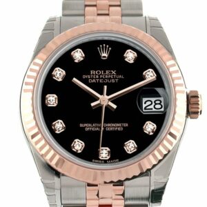 Rolex Datejust 31 Black Diamond Dial Fluted Bezel 18K Rose Gold Two Tone Jubilee Ladies Watch 178271