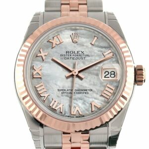 Rolex Datejust 31 White Mother Of Pearl Roman Dial Fluted Bezel 18K Rose Gold Two Tone Jubilee