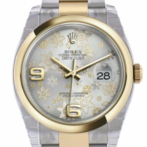 Rolex Datejust 36 Silver Floral Motif Dial 18K Gold Two Tone Oyster Watch 116203