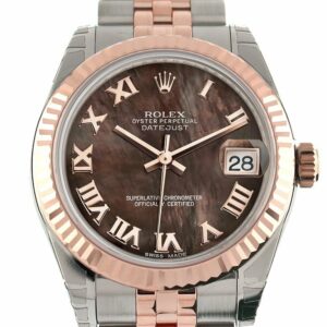 Rolex Datejust 31 Black Mother Of Pearl Roman Dial Fluted Bezel 18K Rose Gold Two Tone Jubilee