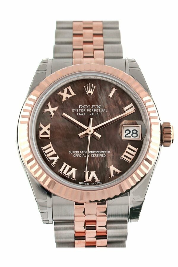 Rolex Datejust 31 Black Mother Of Pearl Roman Dial Fluted Bezel 18K Rose Gold Two Tone Jubilee