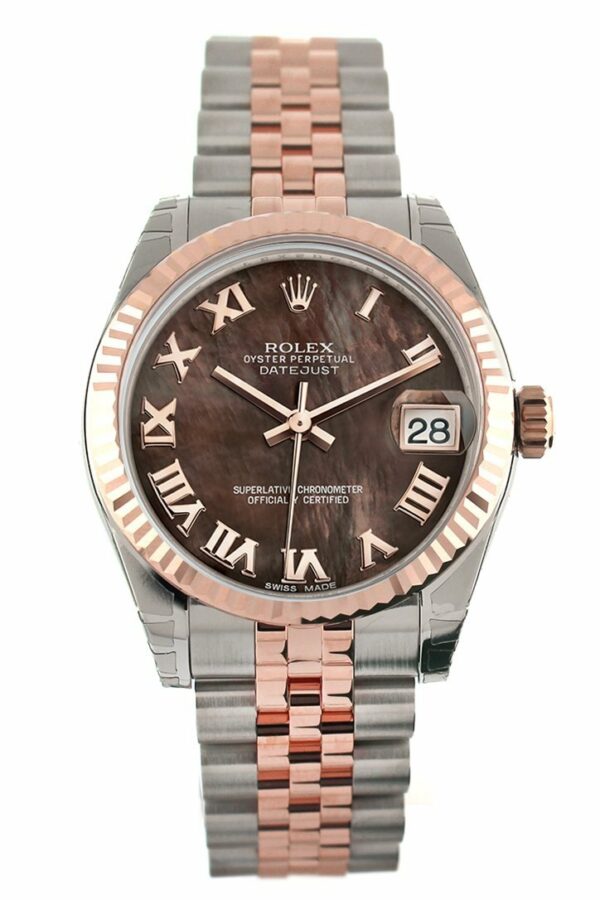 Rolex Datejust 31 Black Mother Of Pearl Roman Dial Fluted Bezel 18K Rose Gold Two Tone Jubilee