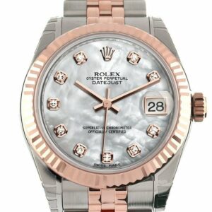 Rolex Datejust 31 White Mother Of Pearl Diamond Dial Fluted Bezel 18K Rose Gold Two Tone Jubilee