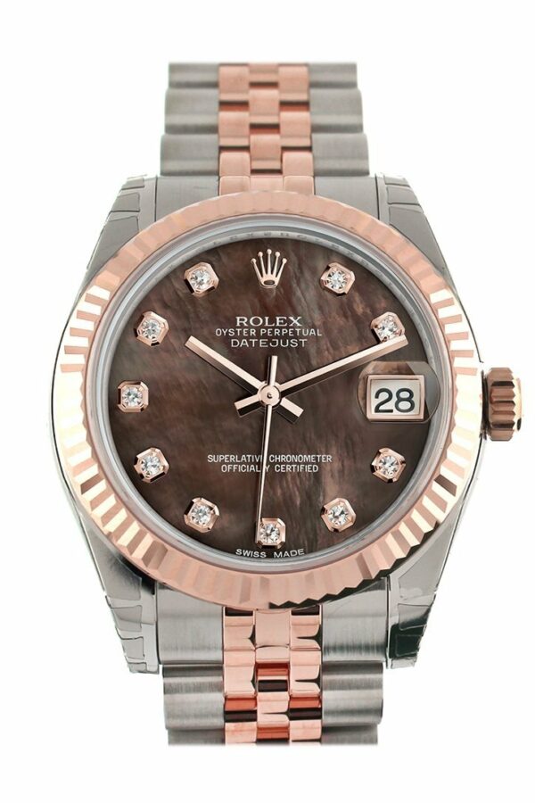 Rolex Datejust 31 Black Mother Of Pearl Diamond Dial Fluted Bezel 18K Rose Gold Two Tone Jubilee