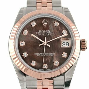 Rolex Datejust 31 Black Mother Of Pearl Diamond Dial Fluted Bezel 18K Rose Gold Two Tone Jubilee