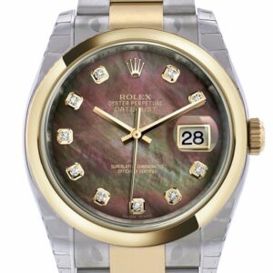 Rolex Datejust 36 Black Mother-Of-Pearl Diamond Dial 18K Gold Two Tone Oyster Watch 116203 Pearl