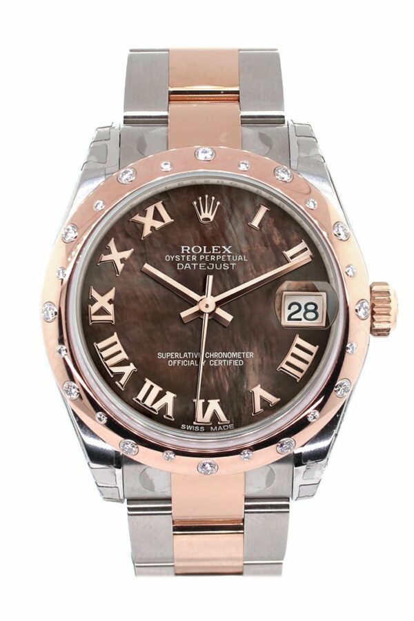 Rolex Datejust 31 Black Mother Of Pearl Roman Dial Diamond Bezel 18K Rose Gold Two Tone Ladies Watch