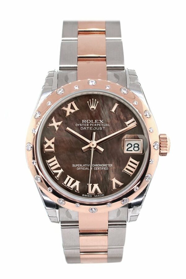 Rolex Datejust 31 Black Mother Of Pearl Roman Dial Diamond Bezel 18K Rose Gold Two Tone Ladies Watch