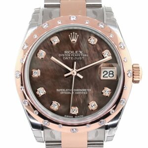 Rolex Datejust 31 Black Mother Of Pearl Diamond Dial Bezel 18K Rose Gold Two Tone Ladies Watch