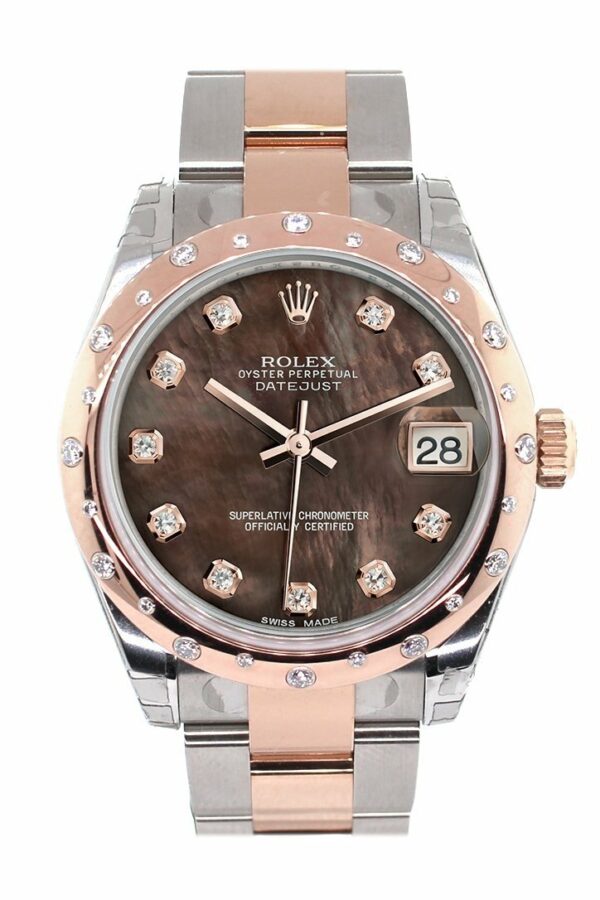 Rolex Datejust 31 Black Mother Of Pearl Diamond Dial Bezel 18K Rose Gold Two Tone Ladies Watch