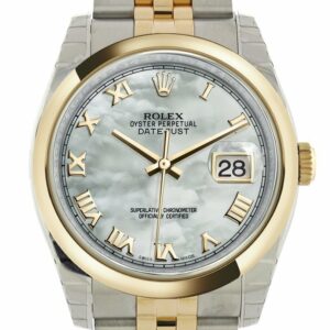 Rolex Datejust 36 White Mother-Of-Pearl Roman Dial 18K Gold Two Tone Jubilee Watch 116203 Pearl