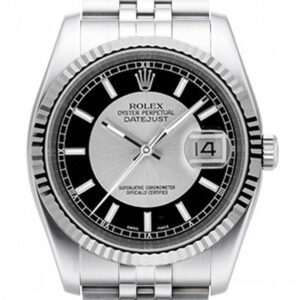 Rolex Datejust 36 Silver Black Dial 18K White Gold Fluted Bezel Stainless Steel Jubilee Watch 116234