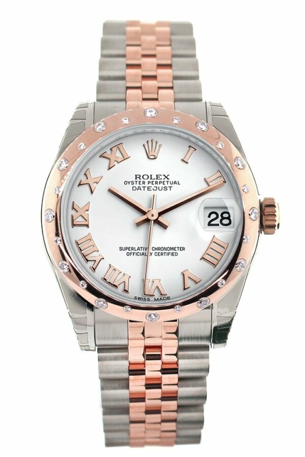 Rolex Datejust 31 White Roman Dial Diamond Bezel 18K Rose Gold Two Tone Jubilee Ladies Watch 178341