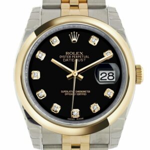 Rolex Datejust 36 Black Diamond Dial 18K Gold Two Tone Jubilee Watch 116203