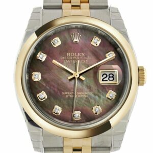 Rolex Datejust 36 Black Mother-Of-Pearl Diamond Dial 18K Gold Two Tone Jubilee Watch 116203 Pearl