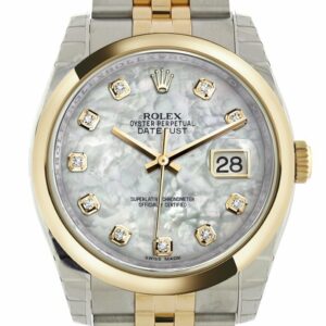 Rolex Datejust 36 White Mother-Of-Pearl Diamond Dial 18K Gold Two Tone Jubilee Watch 116203 Pearl