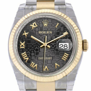 Rolex Datejust 36 Black Jubilee Roman Dial Fluted 18K Gold Two Tone Oyster Watch 116233 / None