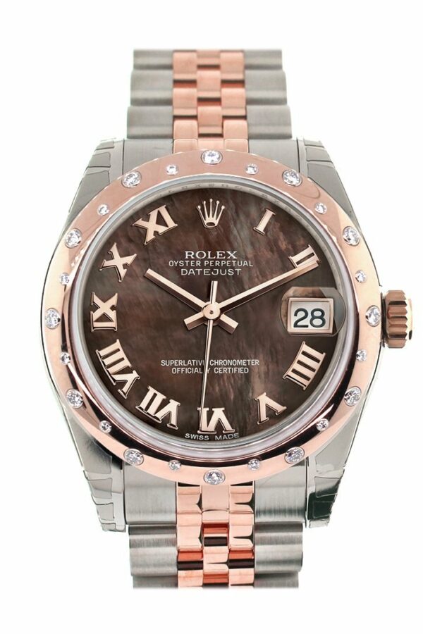 Rolex Datejust 31 Black Mother Of Pearl Roman Dial Diamond Bezel 18K Rose Gold Two Tone Jubilee