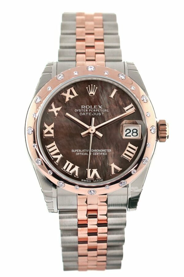 Rolex Datejust 31 Black Mother Of Pearl Roman Dial Diamond Bezel 18K Rose Gold Two Tone Jubilee