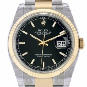 Rolex Datejust 36 Black Dial Fluted 18K Gold Two Tone Oyster Watch 116233 / None