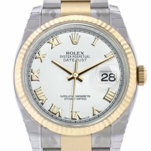 Rolex Datejust 36 White Roman Dial Fluted 18K Gold Two Tone Oyster Watch 116233 / None