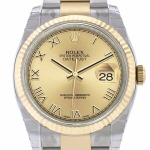 Rolex Datejust 36 Champagne Roman Dial Fluted 18K Gold Two Tone Oyster Watch 116233 / None