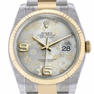 Rolex Datejust 36 Silver Floral Motif Dial Fluted 18K Gold Two Tone Oyster Watch 116233