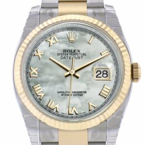 Rolex Datejust 36 White Mother-Of-Pearl Roman Dial Fluted 18K Gold Two Tone Oyster Watch 116233