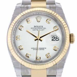 Rolex Datejust 36 White Diamond Dial Fluted 18K Gold Two Tone Oyster Watch 116233