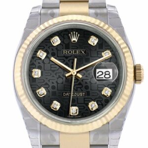 Rolex Datejust 36 Black Jubilee Diamond Dial Fluted 18K Gold Two Tone Oyster Watch 116233