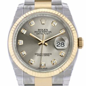 Rolex Datejust 36 Steel Diamond Dial Fluted 18K Gold Two Tone Oyster Watch 116233