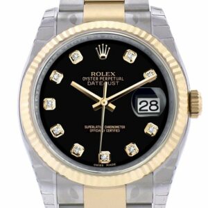 Rolex Datejust 36 Black Diamond Dial Fluted 18K Gold Two Tone Oyster Watch 116233