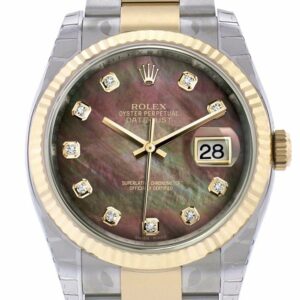 Rolex Datejust 36 Black Mother-Of-Pearl Diamond Dial Fluted 18K Gold Two Tone Oyster Watch 116233