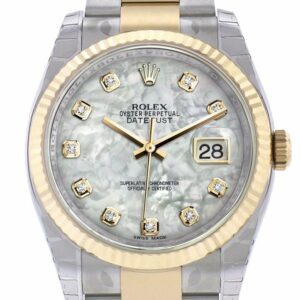 Rolex Datejust 36 White Mother-Of-Pearl Diamond Dial Fluted 18K Gold Two Tone Oyster Watch 116233