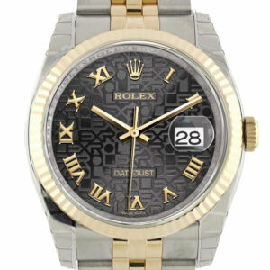 Rolex Datejust 36 Black Jubilee Roman Dial Fluted 18K Gold Two Tone Watch 116233 / None