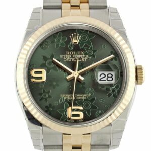 Rolex Datejust 36 Green Floral Motif Dial Fluted 18K Gold Two Tone Jubilee Watch 116233