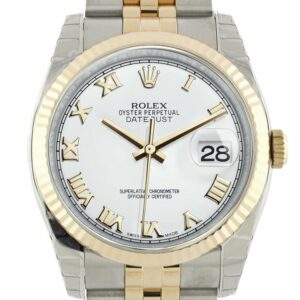 Rolex Datejust 36 White Roman Dial Fluted 18K Gold Two Tone Jubilee Watch 116233