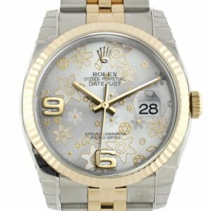 Rolex Datejust 36 Silver Floral Motif Dial Fluted 18K Gold Two Tone Jubilee Watch 116233