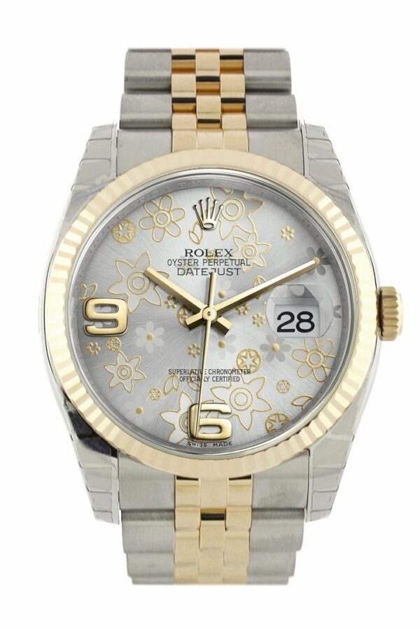 Rolex Datejust 36 Silver Floral Motif Dial Fluted 18K Gold Two Tone Jubilee Watch 116233