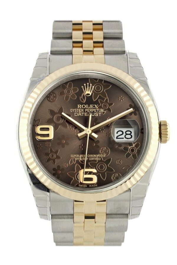 Rolex Datejust 36 Bronze Floral Motif Dial Fluted 18K Gold Two Tone Jubilee Watch 116233