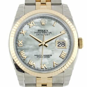 Rolex Datejust 36 White Mother-Of-Pearl Roman Dial Fluted 18K Gold Two Tone Jubilee Watch 116233