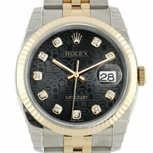 Rolex Datejust 36 Black Jubilee Diamond Dial Fluted 18K Gold Two Tone Watch 116233